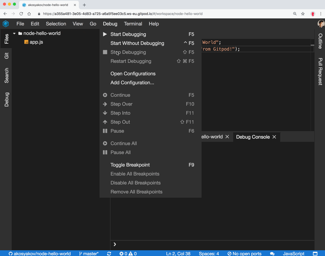 How to debug a Node.js application in Gitpod